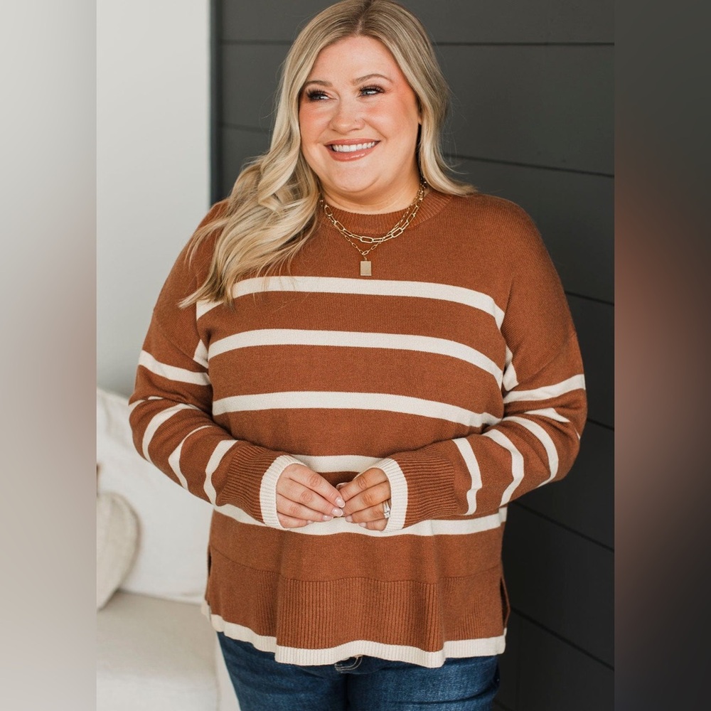 Burnt Orange Cream Striped Soft Knit Lightweight Sweater, Relaxed Fit, Medium - Picture 4 of 11